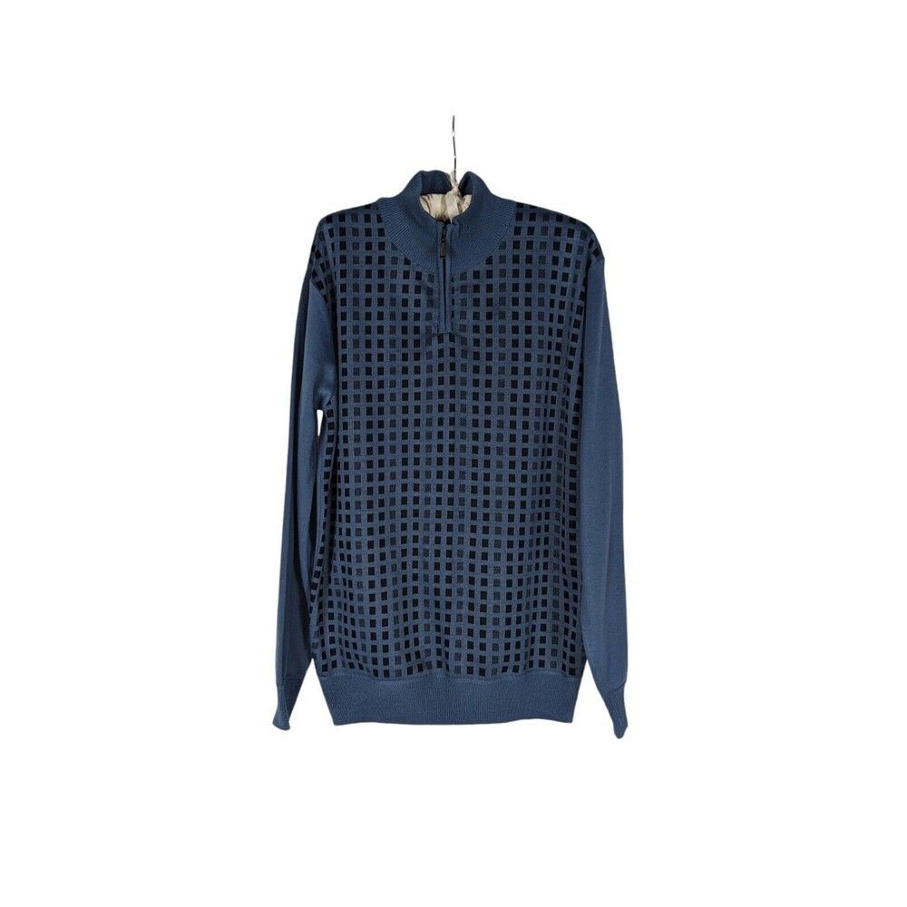 Young USA Sz XL Men's Blue Square Pattern Quarter Zip Knit Pullover Golf Sweater